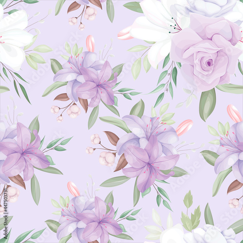 elegant seamless pattern with beautiful white and purple flowers and leaves