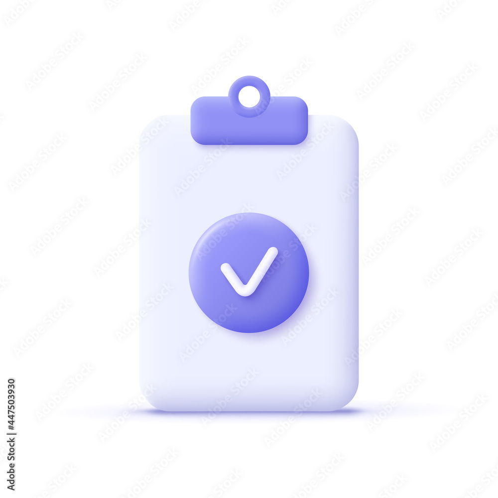 Check mark icon. Approvement concept. Document, file, clipboard, checklist. 3d realistic vector illustration.