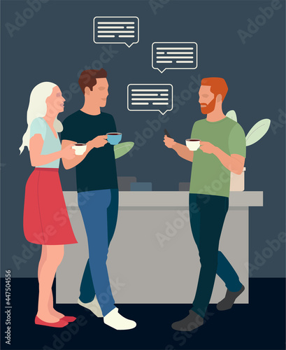 Lunch, Coffee Break with Colleagues in kitchen, Coworking Office Flat cafeteria. Meeting room office conversation. Editable vector illustration