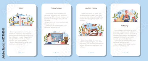 History lesson mobile application banner set. History school subject