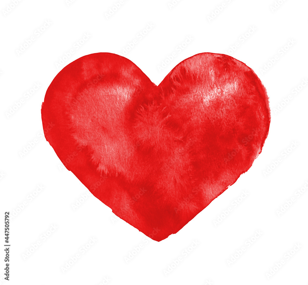 Watercolor heart shape in red on white paper background.