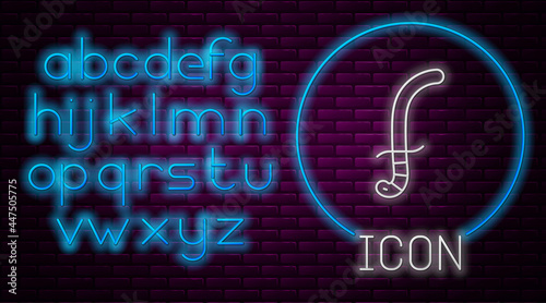 Glowing neon line Medieval sword icon isolated on brick wall background. Medieval weapon. Neon light alphabet. Vector