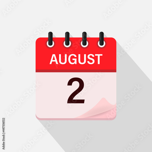 August 2, Calendar icon with shadow. Day, month. Flat vector illustration.