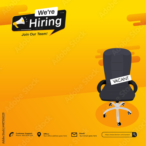 We are hiring job position. Flyer job recruitment design for companies. Square social media post layout. We are hiring banner, poster, background template on yellow color