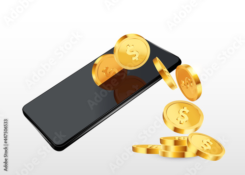 Dollars gold coins  falling from the phone on purple background