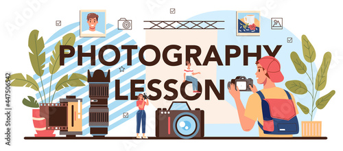 Photography lesson typographic header. Students lerning to take photos photo