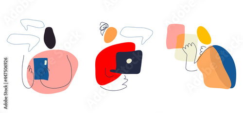 Abstract doodle characters with gadgets set 