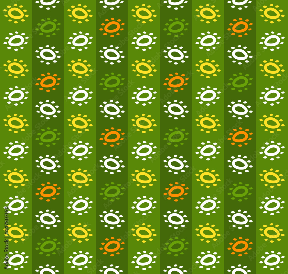 Green striped background with a multicolored circular pattern. Warm shades. Flat vector illustration. Green striped background with a multicolored circular pattern. Warm shades. Flat vector illustration.