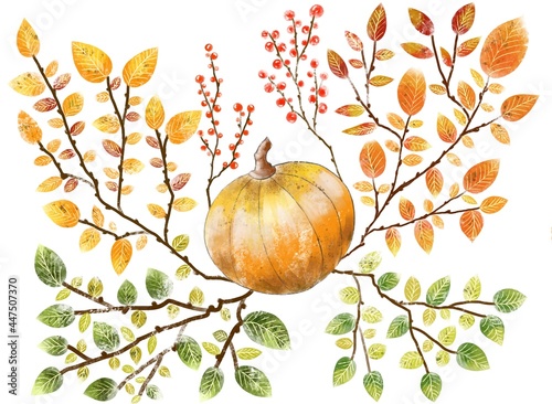 watercolor pumpkin autumn October Halloween pattern-a composition of green and orange red leaves and branches on a white background, for wrapping fabric, wallpaper, postcards, greetin photo
