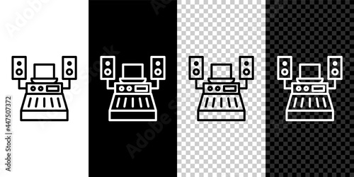 Set line Music sound recording studio control room with professional equipment icon isolated on black and white background. Vector