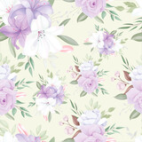 elegant seamless pattern with beautiful white and purple flowers and leaves