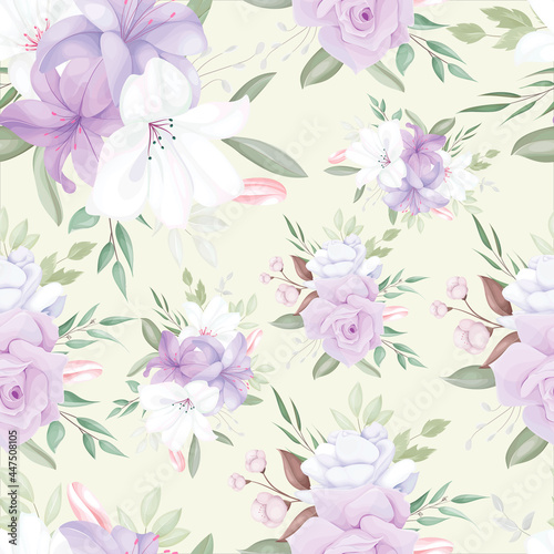 Fototapeta Naklejka Na Ścianę i Meble -  elegant seamless pattern with beautiful white and purple flowers and leaves