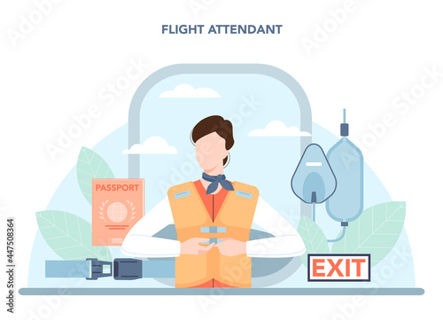 Stewardess concept. Flight attendants help passenger in airplane