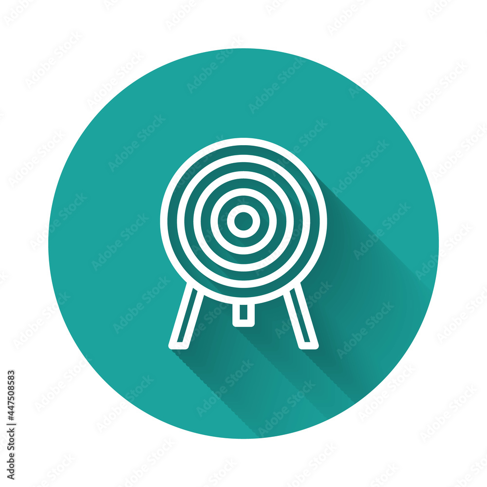 White line Target icon isolated with long shadow. Dart board sign. Archery board icon. Dartboard sign. Business goal concept. Green circle button. Vector White line Target icon isolated with long shadow. Dart board sign. Archery board icon. Dartboard sign. Business goal concept. Green circle button. Vector