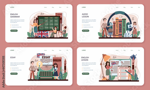 English class web banner or landing page set. Study foreign languages in school