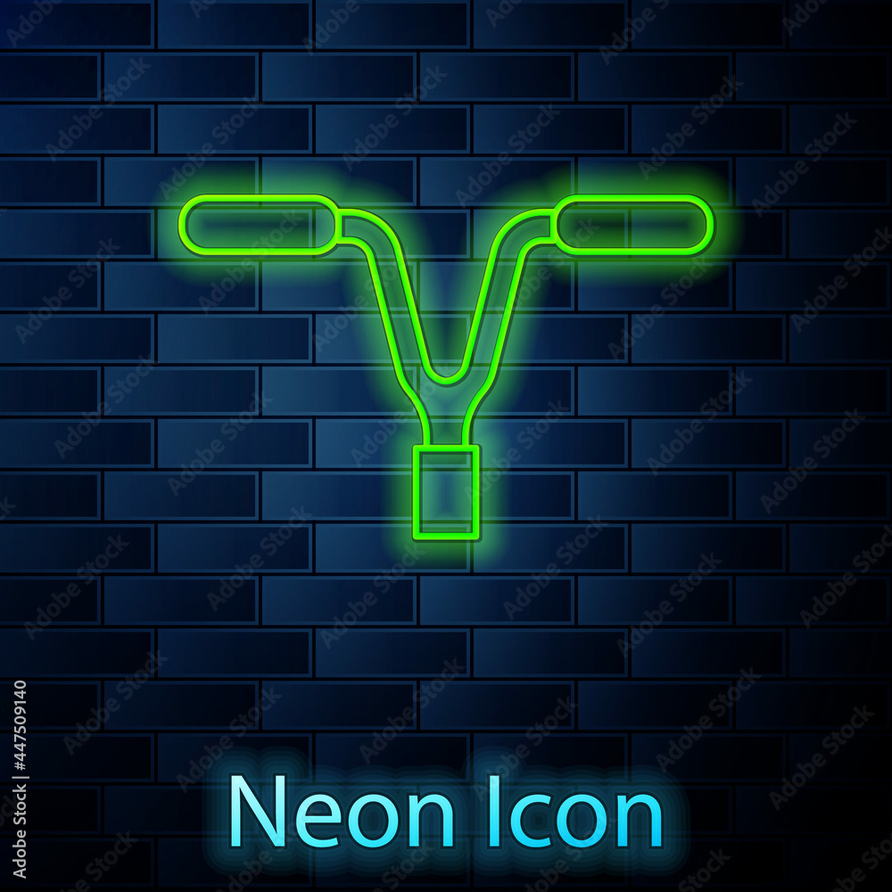 Glowing neon line Bicycle handlebar icon isolated on brick wall background. Vector Glowing neon line Bicycle handlebar icon isolated on brick wall background. Vector