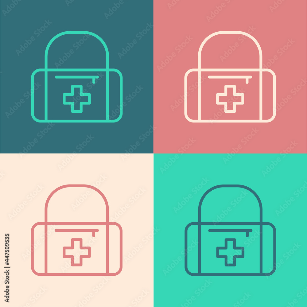 Pop art line First aid kit icon isolated on color background. Medical box with cross. Medical equipment for emergency. Healthcare concept. Vector Pop art line First aid kit icon isolated on color background. Medical box with cross. Medical equipment for emergency. Healthcare concept. Vector