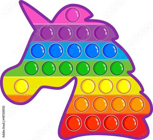 A fashionable sensory toy in the shape of a unicorn. A colorful handmade toy with push bubbles. Vector illustration on a white background. Rainbow unicorn.