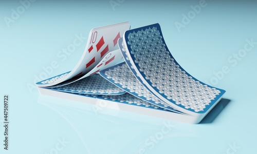 close up of 3d rendering shuffle playing card motion over light blue background. 3d illustration photo