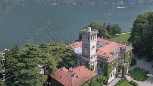 Aerial footage drone view of Manor Villa Plane Tree, in Como on Lake Lombardia Italy // no video editing