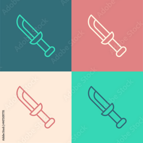 Pop art line Military knife icon isolated on color background. Vector