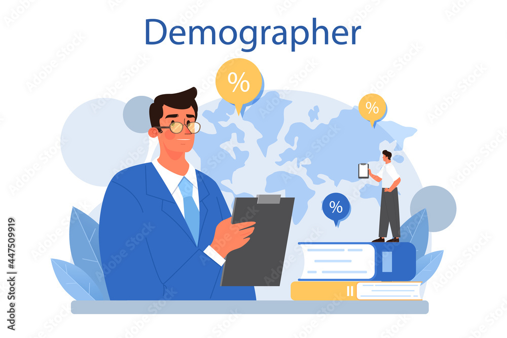 Demographer concept. Scientist studying population growth, analyze data Demographer concept. Scientist studying population growth, analyze data