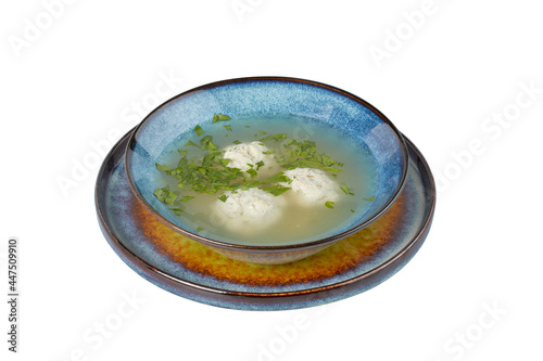 Chicken soup with meatballs, restaurant dish, image isolate