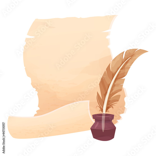 Old scroll of parchment, papyrus and feather pen in cartoon style isolated on white background. Empty frame, decoration, antique manuscript. 