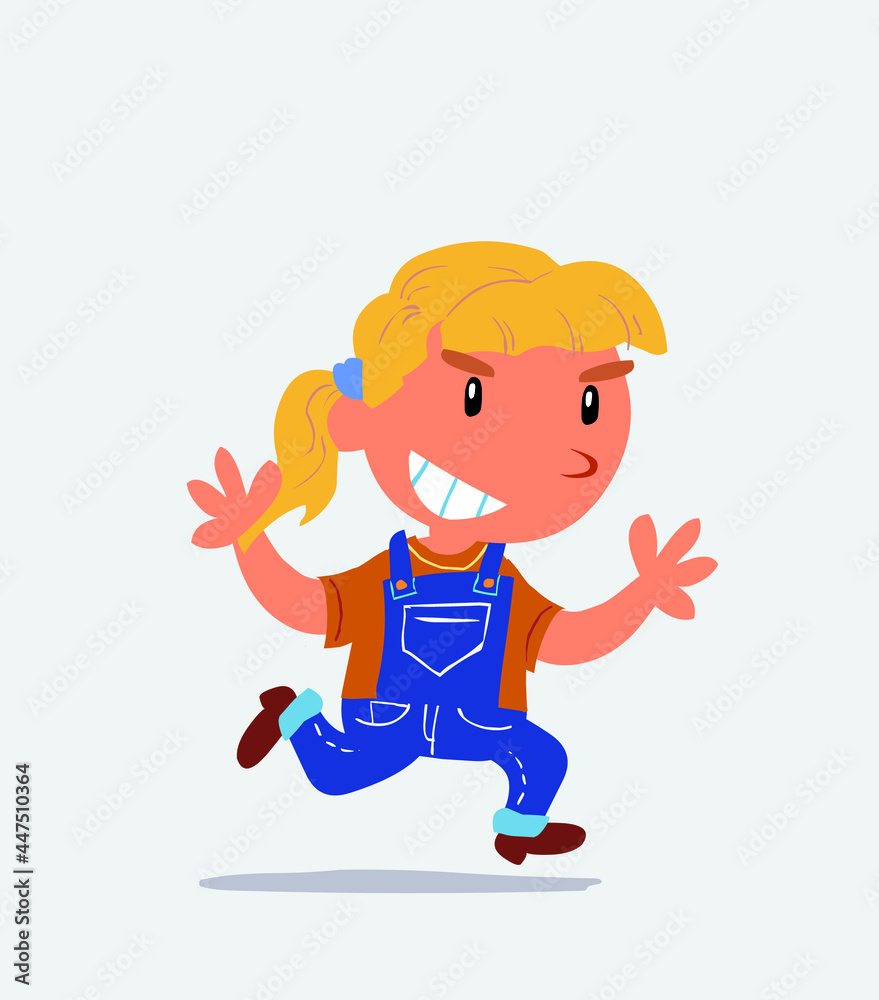 cartoon character of little girl on jeans running very pleased.