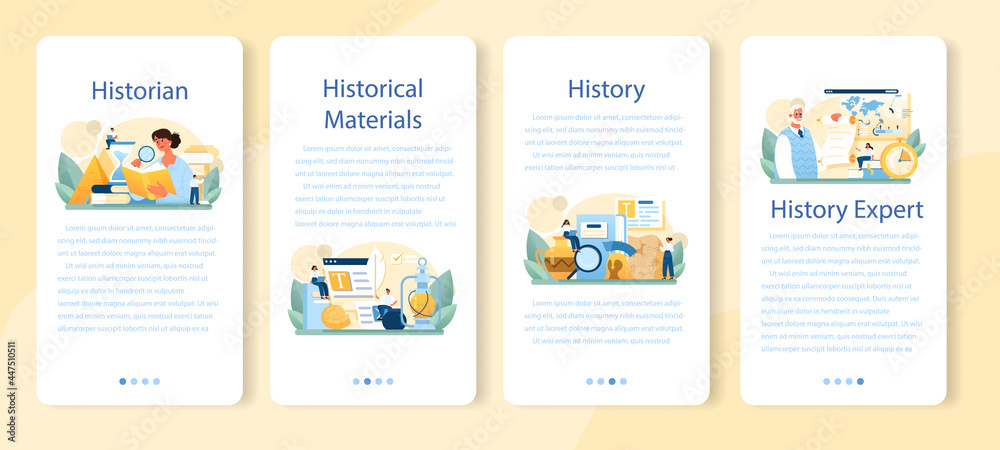 Historian mobile application banner set. History science, paleontology