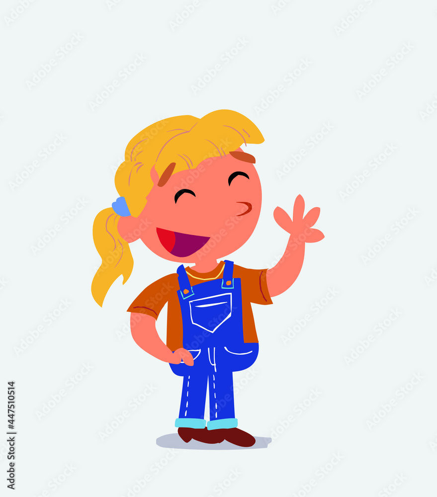cartoon character of little girl on jeans waving informally while smiling. cartoon character of little girl on jeans waving informally while smiling.