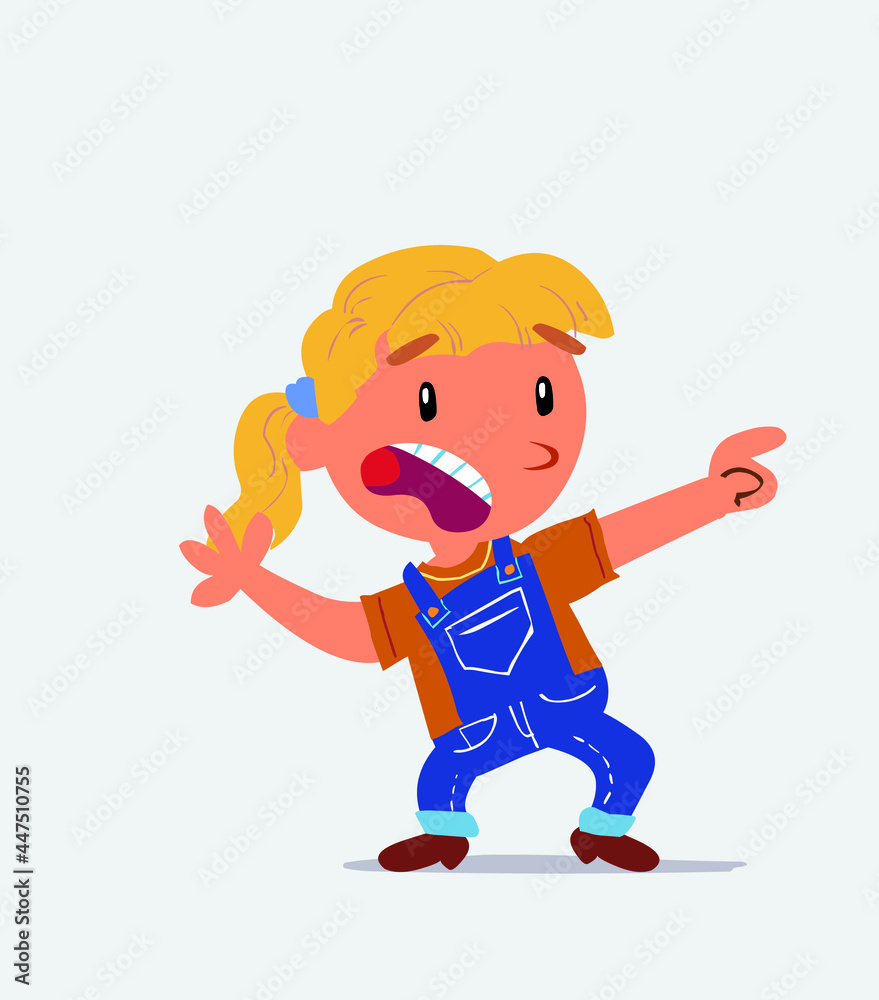 Scared cartoon character of little girl on jeans points to the side. Scared cartoon character of little girl on jeans points to the side.