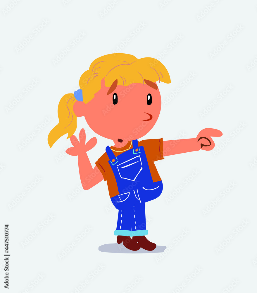 Surprised cartoon character of little girl on jeans points to something.
Surprised cartoon character of little girl on jeans points to something.