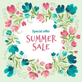 Summer sale banner, poster, frame, flyer with lilac flowers in hand drawn style.