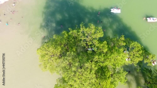  Lake Settlement Sukko among coniferous trees taxodium deciduous,  boats float, cypress lake summer, ANAPA SUKO, RUSSIA, aerial view