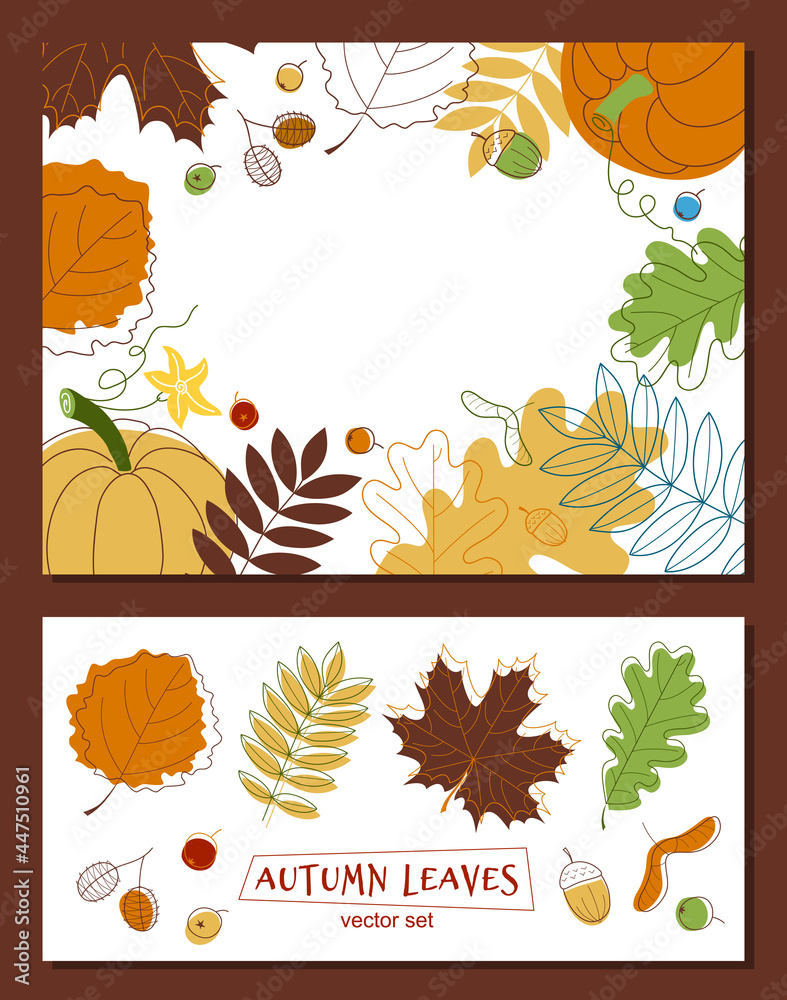 Autumn leaves and pumpkin - vector frame and set of leaves. Poster, banner, card, template in flat style. 
