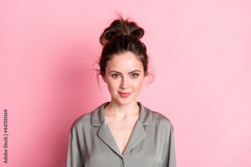 Photo of young attractive girl happy positive smile wear pajamas bed time isolated over pink color background Photo of young attractive girl happy positive smile wear pajamas bed time isolated over pink color background