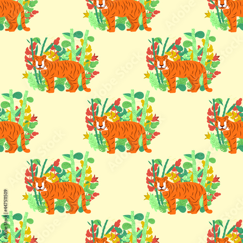 Striped, Asian tiger in a tropical forest among bamboo thickets. Vector illustration on a colored background. Flat design. Pattern..