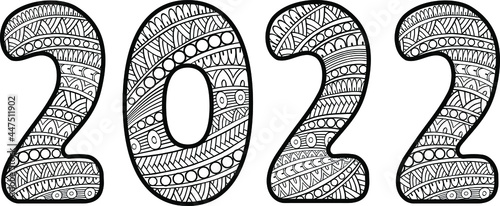 New Year 2022 Handwritten black and white number for new year greeting card, relaxation therapy, 2022 adult coloring book, postcard, invitation, web, banner, print, poster. Vector Clipart Isolated