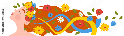Portrait of cute redhead girl or woman in profile with flying long hair in floral wreath with blue and yellow ribbons. Flowers in hair. Illustration for Independence Day of Ukraine on August 24.