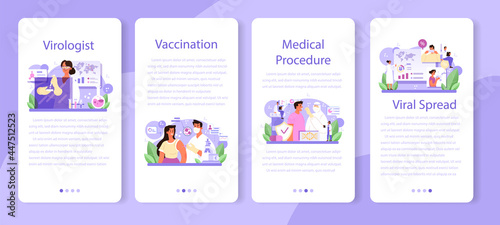 Virologist mobile application banner set. Scientist studies viruses
