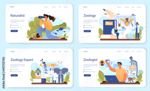 Zoologist web banner or landing page set. Scientist exploring and studying fauna