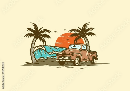 Car on the beach vintage illustration drawing