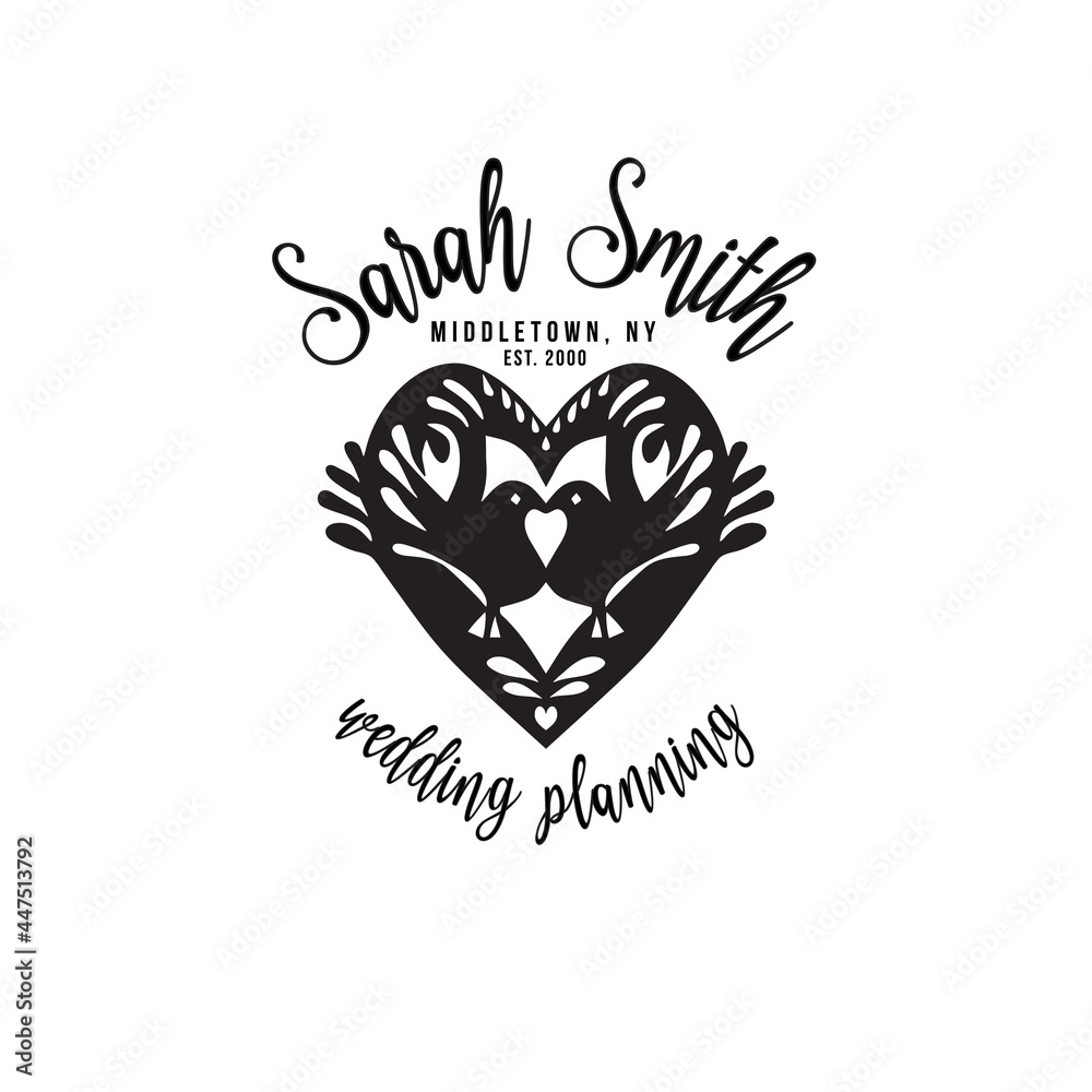 Wedding planner Premade Logo. Black and white colors. Isolated background. Hand-drawn Stamp silhouette. Lovely birds. Love heart symbol. Wedding salon. Vector