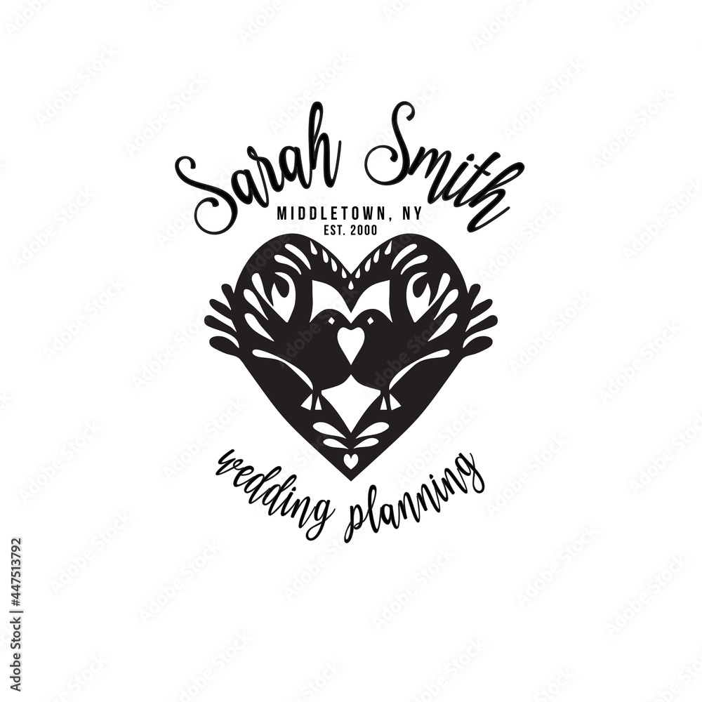 Wedding planner Premade Logo. Black and white colors. Isolated background. Hand-drawn Stamp silhouette. Lovely birds. Love heart symbol. Wedding salon. Vector Wedding planner Premade Logo. Black and white colors. Isolated background. Hand-drawn Stamp silhouette. Lovely birds. Love heart symbol. Wedding salon. Vector