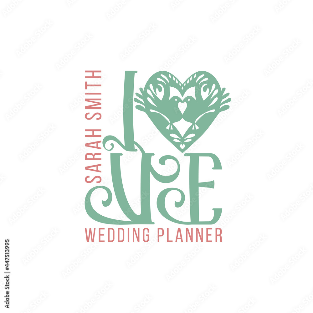 Wedding planner Premade Logo. Black and white colors. Isolated background. Hand-drawn Stamp silhouette. Lovely birds. Love heart symbol. Wedding salon. Vector Wedding planner Premade Logo. Black and white colors. Isolated background. Hand-drawn Stamp silhouette. Lovely birds. Love heart symbol. Wedding salon. Vector