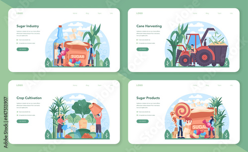 Sugar production industry web banner or landing page set. Saccharose