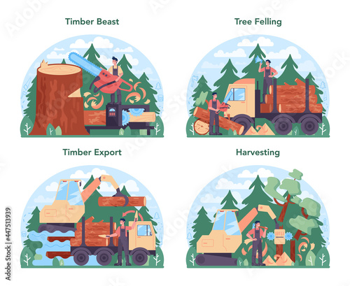 Timber industry and wood production concept set. Logging