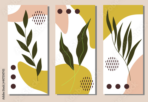 a set of templates with leaves on an abstract spots and geometric shapes. For social media design, packaging, covers, postcards, brochures and more. Vector illustration.