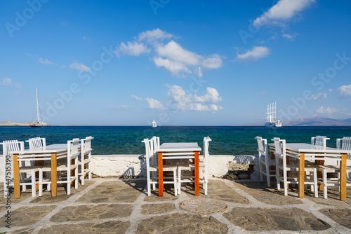 A restaurant overlooking Little Venice, Mykonos Island, Greece. Lunch and dinner overlooking the sea. Photo as wallpaper. © biletskiyevgeniy.com